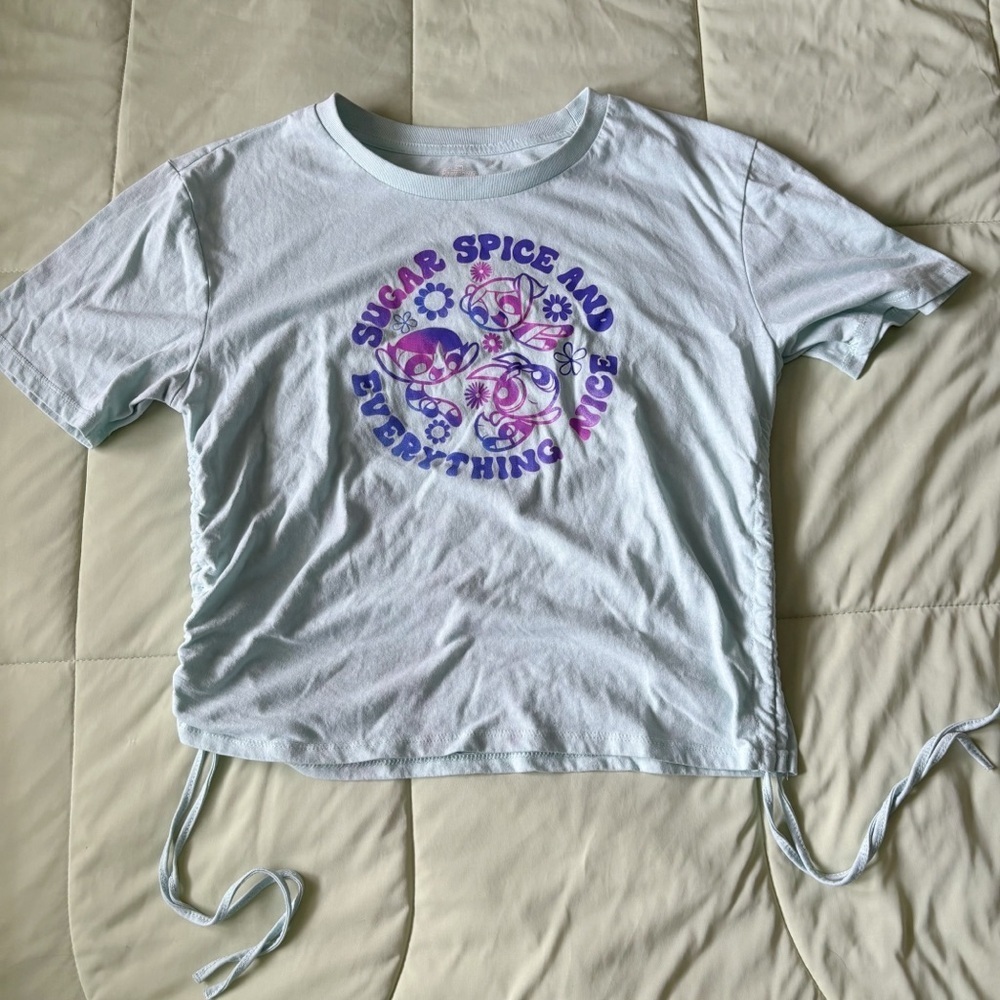 Powerpuff Girls Womens Light Blue Ruched Side Graphic Print T-Shirt Size XXL